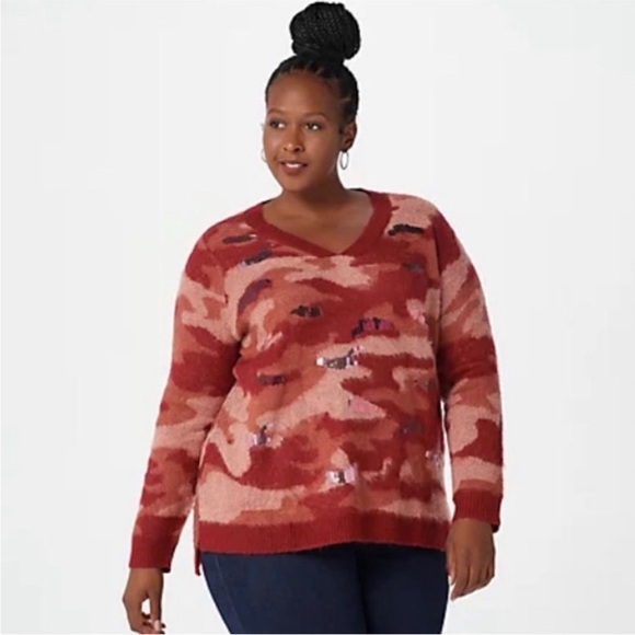 LOGO Lavish Lori Goldstein Red Camo Sweater V-Neck Sequin High Low 4X - Picture 15 of 15